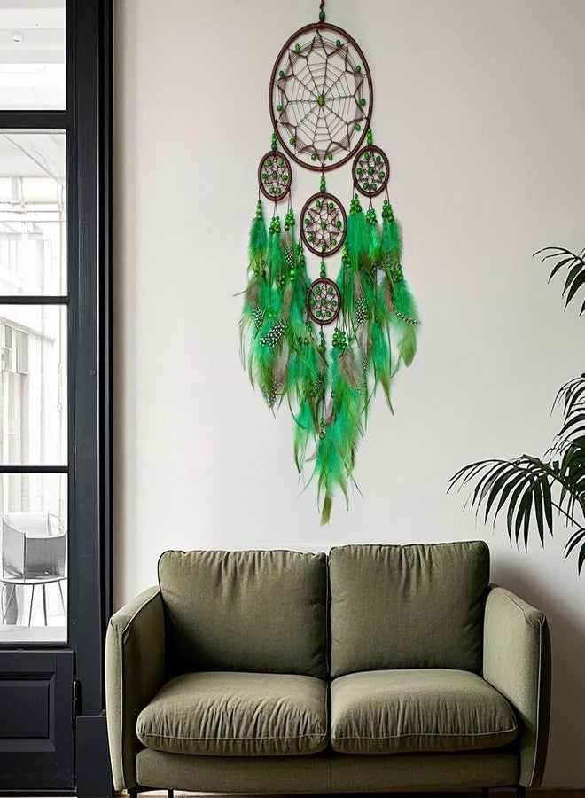 SOYUZU Large Dream Catcher Wall Decor Green Dream Catchers with Wooden Bead Handmade Feather Dreamcatcher Wall Hanging Ornament for Bedroom Living Room Home Decor - Image 4